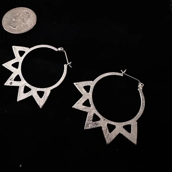 Silver Hoop Earrings with Geometric Rhinestone Design - Picture 3 of 3